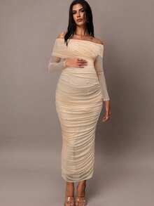 MaterniChic Vestido largo elegante de maternidad blanco con hombros abiertos, decorado con perlas y drapeado, ajustado, romántico para fiesta, cita o Día de San Valentín, vestidos de verano para mujeres, maternidad