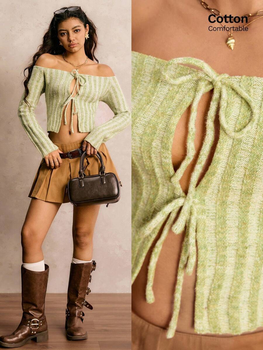 Easelle Women's Autumn And Winter Retro Casual Office Commuting Modern Fashion Elegant Sexy Bow Tie Hollow And Green Wide Pit Stripes One Shoulder Slim Wool Top