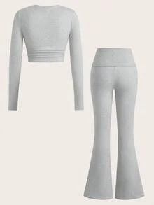 Slaydiva 2 Stücke/Set für Damen in Übergröße: Lässiges Langarm-Top mit Rundhalsausschnitt und ausgestellte Hose mit weitem Bein, Yoga-Outfit, Streetwear, Vintage-Grafik von 1997, 2 Stücke Set, Damen-Langarm-Zweiteiler, bequemes 2 Stücke Lounge-Set, graues 2 Stücke Set