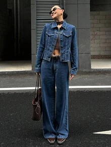 DAZY Women's Blue Regular Shoulder Long Sleeve Fashion Front Button Denim Suit - Blue - View 8