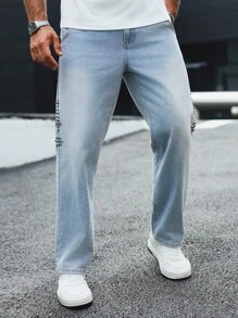 Manfinity Homme 浅色水洗直筒破洞牛仔裤，配珍珠铆钉，休闲街头风格，春夏男士浅蓝色牛仔裤 - 淺色水洗藍 - 查看 3