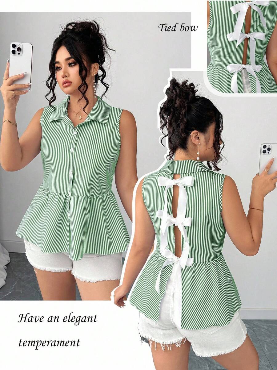 Elenzga Blusa elegante francesa con lazo retro de moda casual para tallas grandes de verano