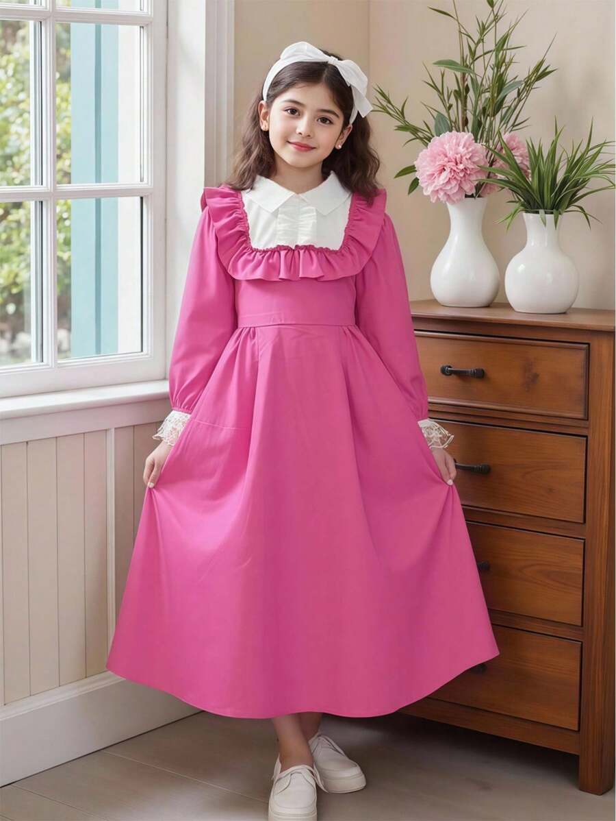 Tween Girls' 1 Piece Dress With Contrasting Color Cuff Ruffle Design, Fit-And-Flare Silhouette, Pink And White, Autumn, Elegant, Wedding Guest Party - Pink - View 1
