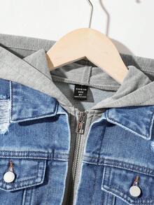 SHEIN Kurtka chłopięca modna, swobodna, szara, dzianinowa, z kapturem, z długim rękawem i niebieskimi przetarciami, idealna na co dzień i na jesień, dla chłopców, na zimę