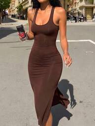 INAWLY Sommerliches, lässiges, Einfarbig, rückenfrei, ärmelloses Bodycon-Kleid