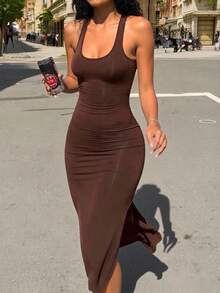 INAWLY 夏季休闲纯色露背无袖紧身连衣裙 - 咖啡棕 - 查看 1