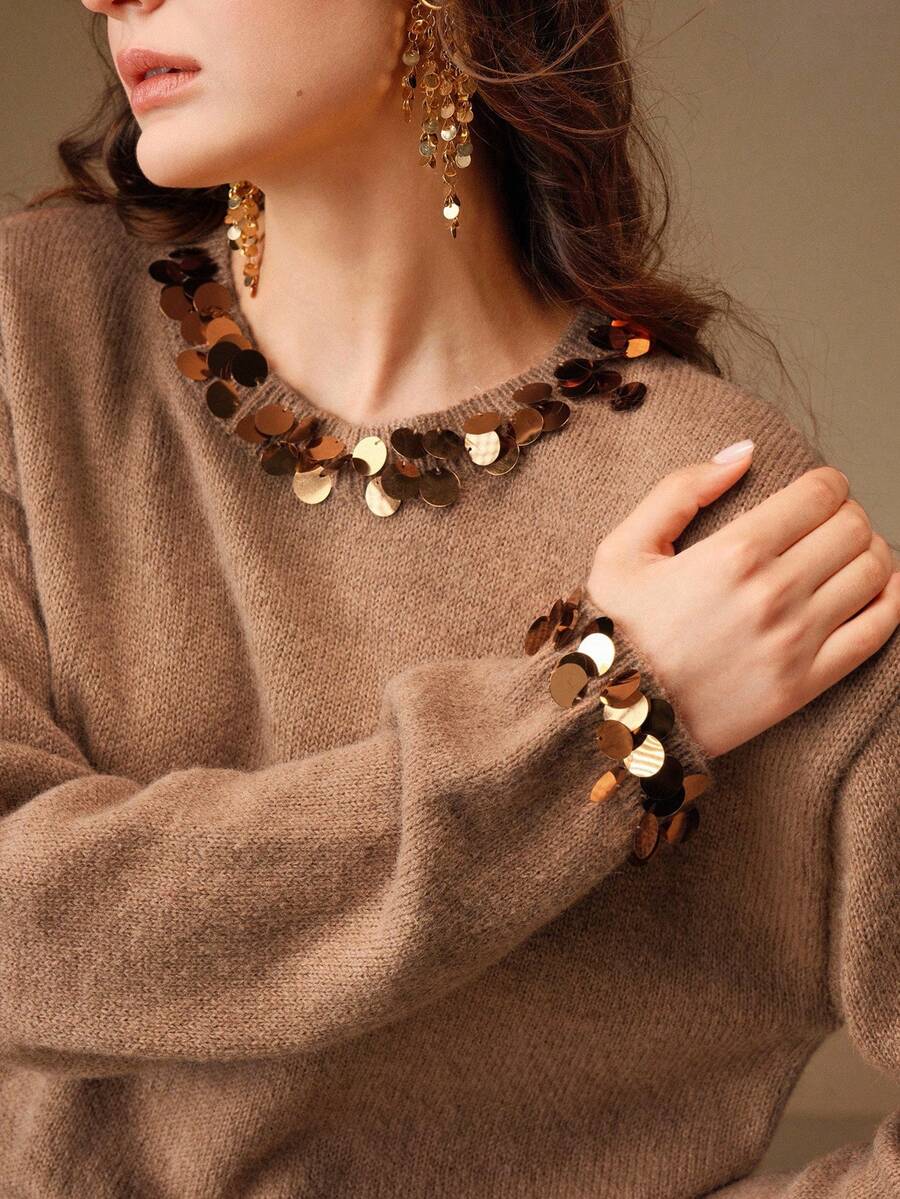 Anewsta Pulover casual cu guler rotund, lucrat manual și decorat cu paiete aleatorii, pentru femei, design slăbit - cafea maro - Vizualizare 1