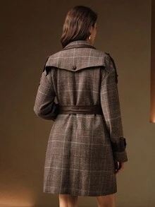 Anewsta 女士新款格子优雅休闲夹克，PU拼接长款外套，秋冬时尚外套 - 咖啡棕 - 查看 2