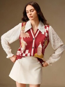 Anewsta 女士红色二合一提花针织开衫 - 紅色 - 查看 5