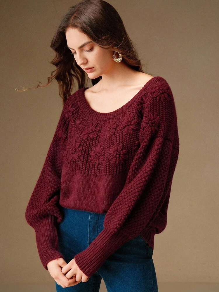 女性用エレガントな3Dフラワー刺繍プルオーバーランタンスリーブセーター、秋冬のコーディネートに適しています
