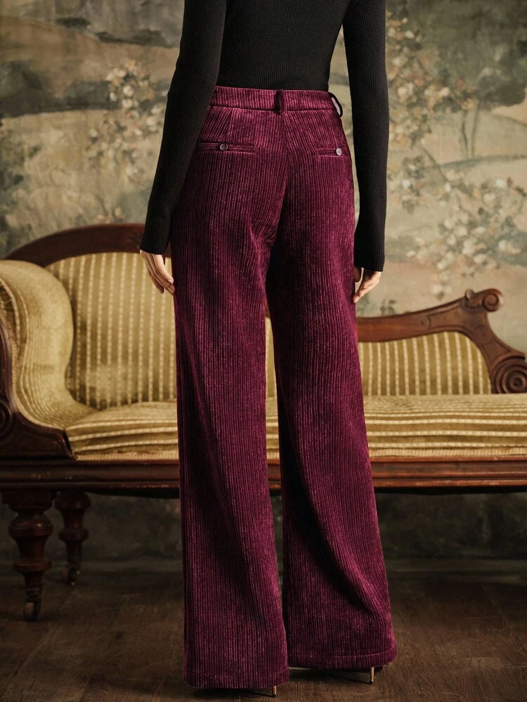 Pantalones casuales de mujer de pana con textura de rayas de cintura alta, elegantes, elegantes, con estilo, para Navidad, para salir