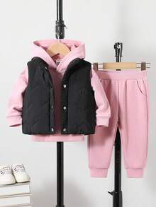 3pcs/Set 6Months-3Years Baby Fall And Winter For Girl Casual Style Suit,Padded Vest &Printing Top&Long Pants - Pink - View 1