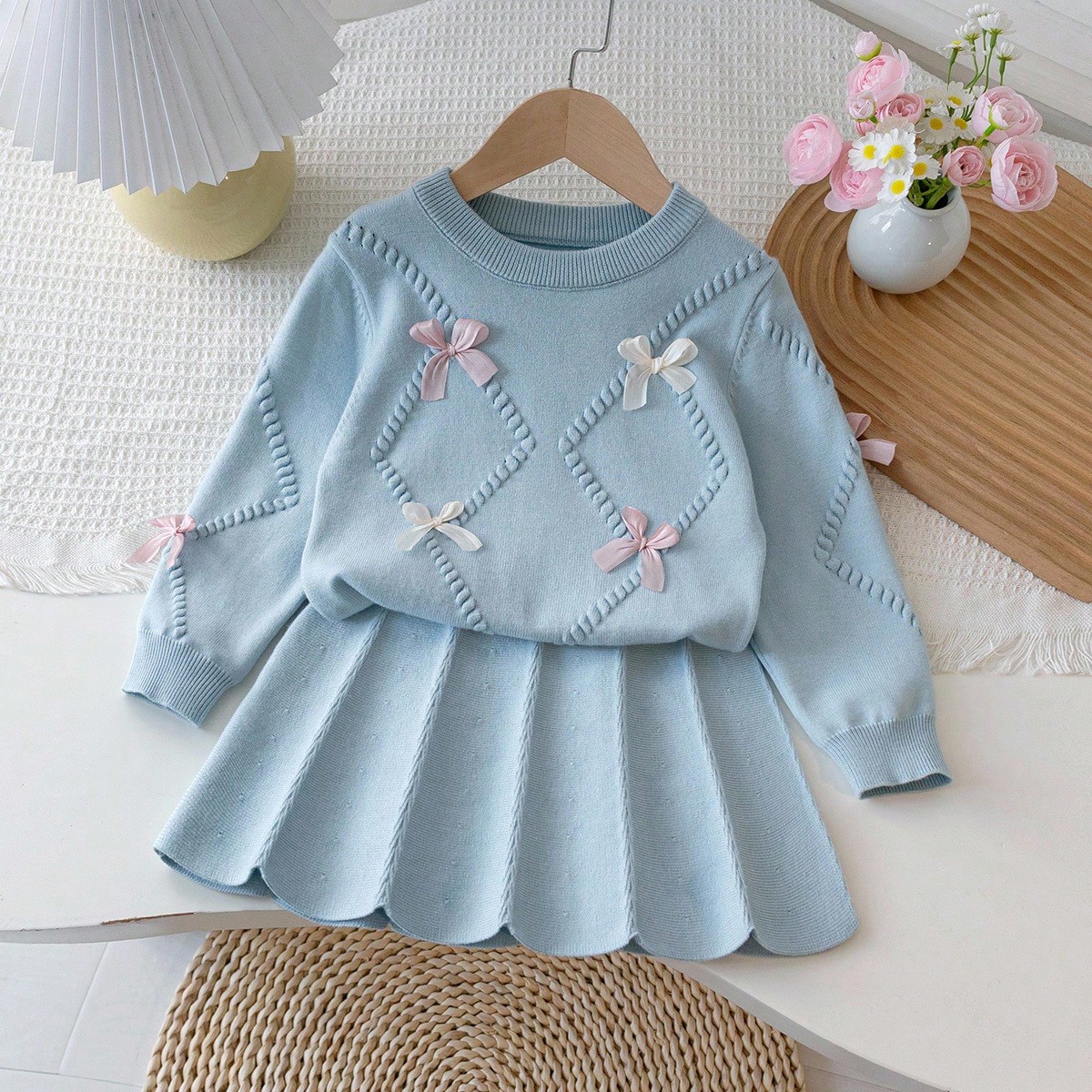 Set de 2 piezas de suƩter con lazo decorativo y falda plisada para niƱas, para otoƱo/invierno