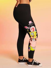 SpongeBob SquarePants | SHEIN 大码卡通图案高腰紧身裤 - 黑色 - 查看 4