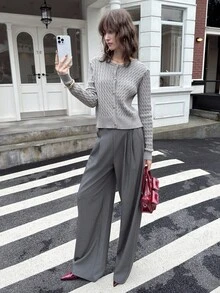 ATUI Studio 女式休闲纯色麻花针织纽扣上衣，秋季 - 灰色 - 查看 5