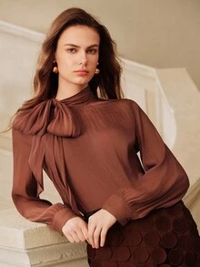 Savoree Women High Collar Long Sleeve Tie Neck Elegant Chic Office Top, Butterfly Decor Blouse