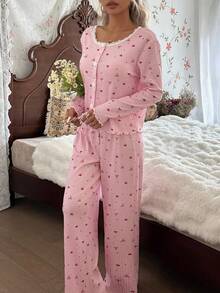 CottageSlumber 2pcs Bow & Lace Trim Decor Round Neck Top & Pants Pajama Set, Fall Clothes Women Pajama Set Pink Pajama Set Cherry Pajama Set Bow Pajama Set Vintage Pajama Set  Cozy And Elegant Details