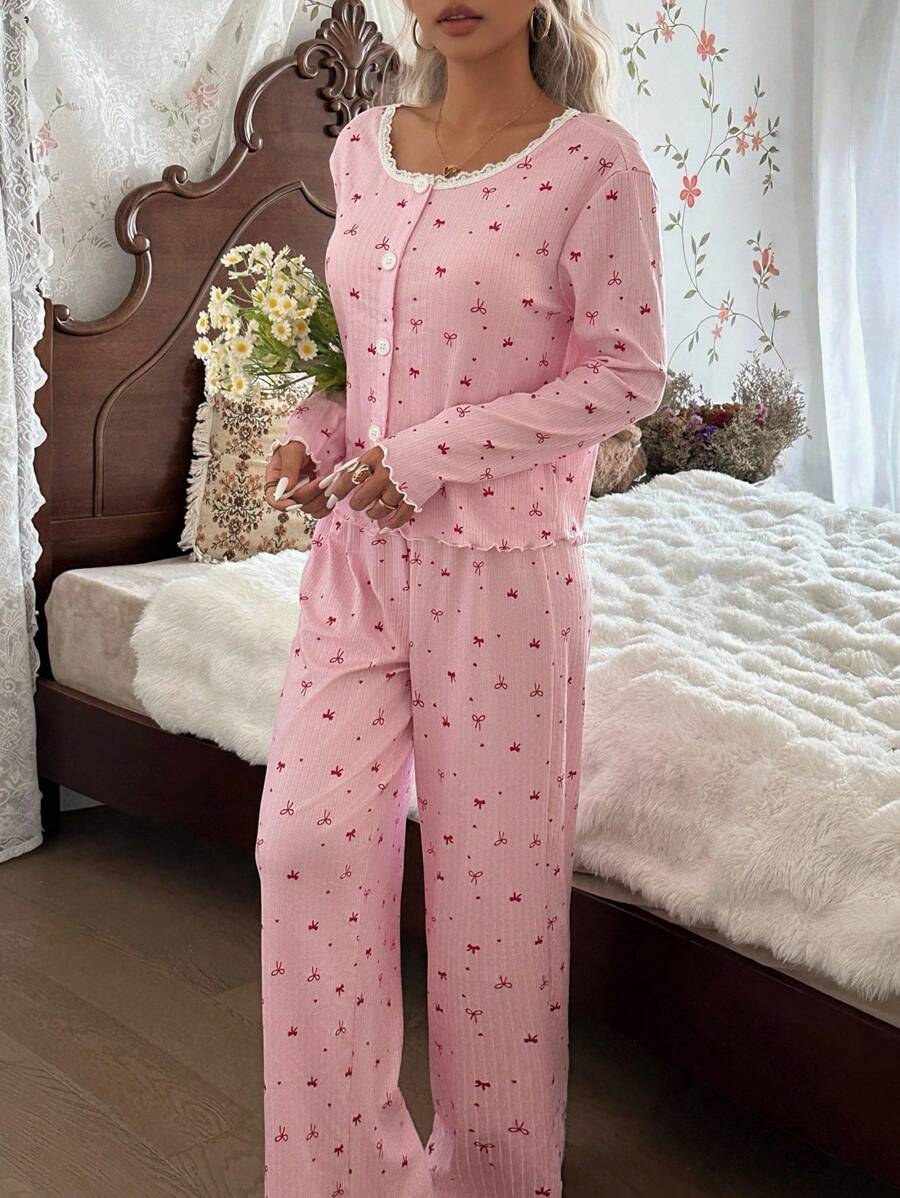 CottageSlumber 2pcs Bow & Lace Trim Decor Round Neck Top & Pants Pajama Set, Fall Clothes Women Pajama Set Pink Pajama Set Cherry Pajama Set Bow Pajama Set Vintage Pajama Set  Cozy And Elegant Details