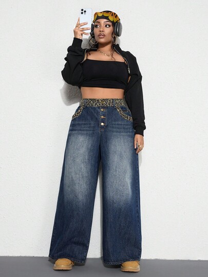 Grunge Punk Jeans a zampa di elefante in lavaggio vintage con design a patchwork leopardato, vita bassa, taglio morbido e ampio, per taglie forti