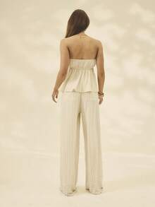 Aralina Fall/Winter 2pc Striped Off The Shoulder Ruched Strapless Top And Elastic Waistband Pants Stripe Set For Christmas Day Outfit And Wedding Guest - Multicolor - View 3