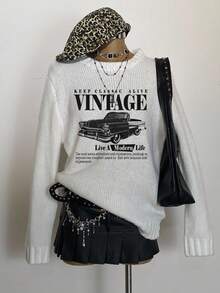 SHEIN EZwear Casual Minimalist Grunge, Y2K Retro Car Print Pattern Women Sweater, Suitable For Fall/Winter, New Autumn Sweater, Y2K Style, Gothic Style, Gothic Women Clothing