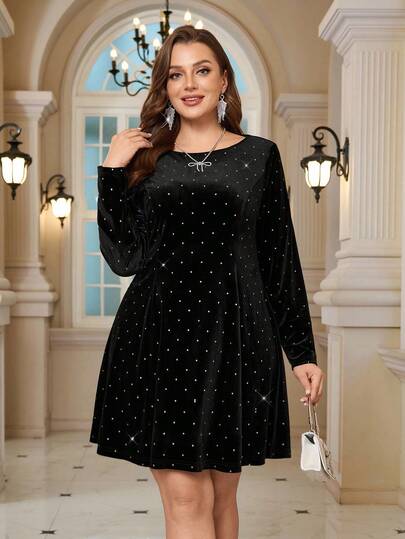 Miaspire Plus Size Women Black Velvet Rhinestone Decor Round Neck Dress   Fall Clothes For Women New Year Dress Black Dress Prom Dress Glitter Dress,Spring
