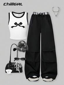 SHEIN Explorewe Tween Girls' Bow Decor Contrast Trim Sleeveless Top With Cargo Pants - White - View 1