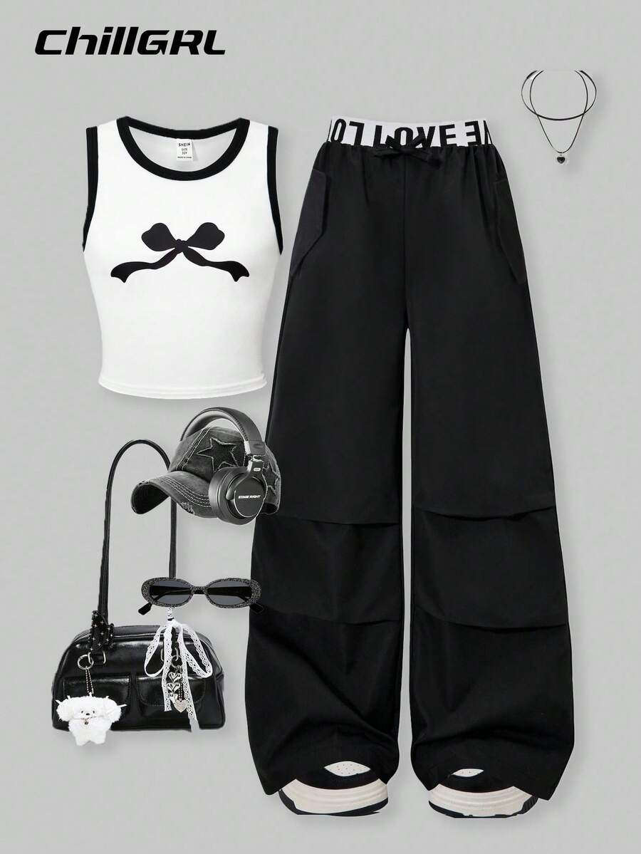 SHEIN Explorewe Tween Girls' Bow Decor Contrast Trim Sleeveless Top With Cargo Pants - White - View 1