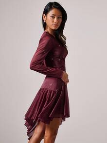 COSMINA Women's Elegant Metallic Shiny Surplice Neck Ruched Asymmetric Hem Bodycon Mini Dress, Spring/Autumn - Burgundy - View 6