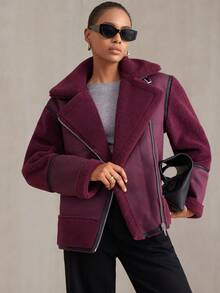 Aveloria Modichic 冬季时尚不对称仿保暖内衬厚夹克，百搭又时尚 - 酒紅色 - 查看 3