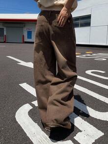 Livesso 女式复古做旧棕色口袋宽松休闲牛仔裤 - 咖啡棕 - 查看 2