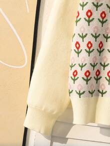 Fashionable Cute All-Over Floral Pattern Long Sleeve Knitted Cardigan For Girls - Apricot - View 7