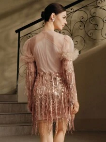 Anewsta 优雅淑女时尚流苏亮片连衣裙 - 粉色 - 查看 2