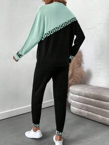 EMERY ROSE 2 件套女士拼色几何印花长袖毛衣上衣和裤子套装女士运动服女士运动裤套装女士慢跑套装女士舒适套装女士长袖套装 - 藍色 - 查看 2