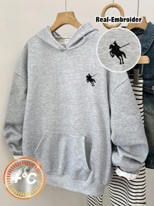 SHEIN 少女灰色休闲运动连帽衫，刺绣口袋，百搭长袖运动衫，适合秋冬季、返校季