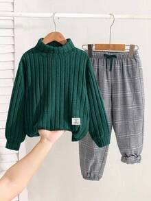 2pcs/Set Young Boys Fashionable Textured Sweatshirt & Plaid Pants,Comfortable Preppy Outfits For Autumn,School,Back-To-School First Day,Daily Wear - Dark Green - View 2