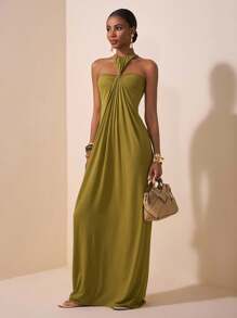Zivah 绿色露背连衣裙，金属环装饰，适合音乐节、复活节、圣帕特里克节、西部风、游牧风、生日派对、毕业典礼、校园风、日常穿着、休闲装、度假装、邮轮装、海滩装、日光浴装、街头装、婚礼嘉宾装、通勤装、早午餐装、机场装 - 軍綠色 - 查看 5