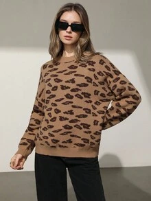 GENKIRA Women's Casual Raglan Knit Crew Neck Leopard Print Pullover Sweater Fall Winter Cloth For Women - Multicolor - View 4