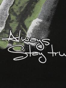 ROMWE MEN Street Life Men's Sparkling Diamond Portrait Print Long Sleeve T-Shirt, Fall - Black - View 4