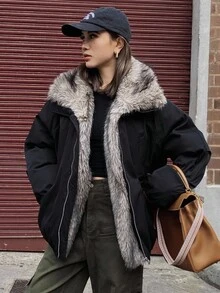 DAZY Women's Fur Collar Patchwork Padded Coat, Autumn/Winter Jacket Y2k - Black - View 2
