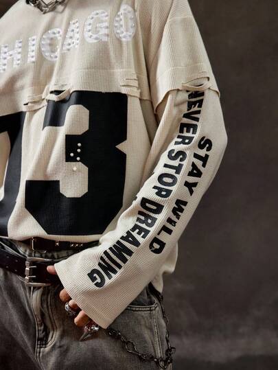 Prep Men's KPOP Casual Fashion Street Sporty Numeric & Letter Print Contrast Stripe Faux Pearl Decor Distressed Loose T-Shirt, Spring/Autumn