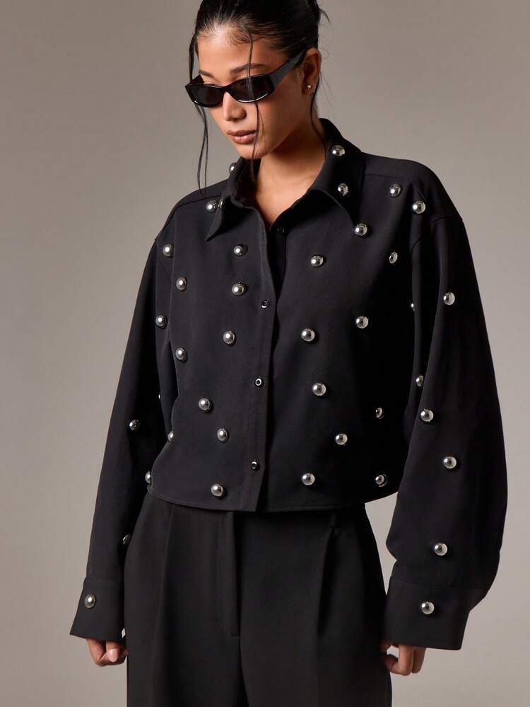 Cropped Button Down Blouse With Metallic Studs