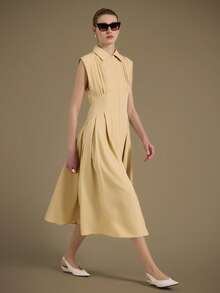 Ontre 2025 秋冬新款优雅浪漫都市时尚百搭办公室通勤商务休闲连衣裙，适合婚礼嘉宾、派对、音乐会、早午餐、机场、日常时尚，卡其色领子，前拉链，腰部褶皱，喇叭形下摆，女装，适合万圣节、圣诞节优雅知性的女性婚礼嘉宾礼服套装和美丽的法式休闲高端知性优雅老钱风格巡航服装度假装四季 - 黃色 - 查看 3