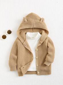 SHEIN Young Boys' Casual Versatile 3D Ear Decor Long Sleeve Hooded Cardigan,In Fall/Winter