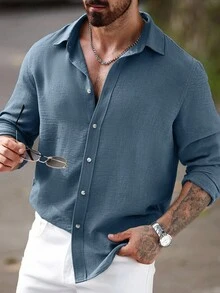 Manfinity CasualCool 男士纯色前扣休闲亚麻长袖衬衫 男士亚麻衬衫 灰蓝色衬衫 男士纹理衬衫 亚麻沙滩衬衫 男士休闲亚麻衬衫，适合秋季 - 藍色 - 查看 5