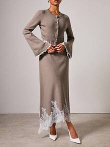 COSMINA 女士无袖蕾丝边针织连衣裙和开衫两件套 2 件套连衣裙搭配开衫套装 秋冬优雅 2 件套 - 棕色 - 查看 4