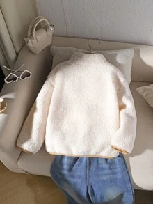 SHEIN Young Girl Contrast Color Zipper Front Casual Fleece Jacket, Autumn/Winter Fall - White - View 2