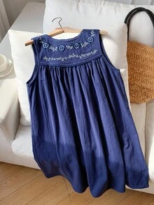 Comfortcana 夏季波西米亚刺绣无袖连衣裙 - 藏蓝色 - 查看 4