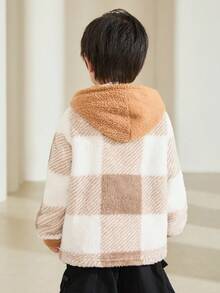 SHEIN 1件男童休閒保暖帶帽外套，格紋設計，加厚保暖，綿布內裡及口袋