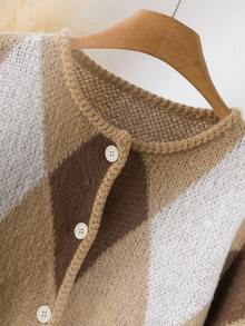 CosyJoli 大码女式菱形图案落肩长袖单排扣针织开衫，秋季女式开衫钻石开衫棕色开衫菱形开衫女式开衫棕色开衫 - 彩色 - 查看 5